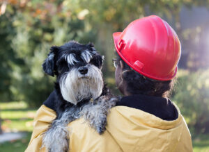 Young woman in raincoat and with helmet holding dog. Animal rescue concept